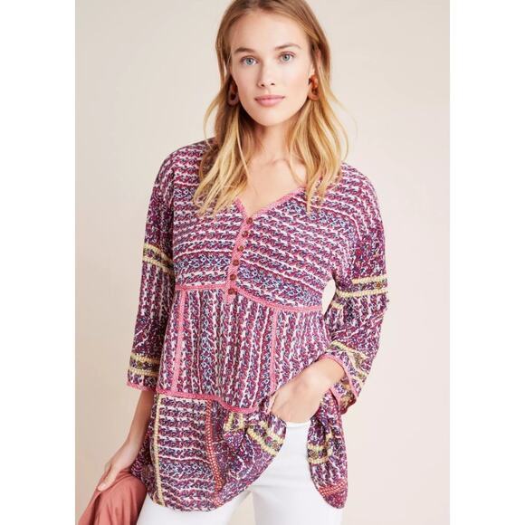 Maeve by Anthropologie Lilyana Tiered Silk 3/4 Sleeve Tunic Blouse Womens Large - Picture 1 of 7